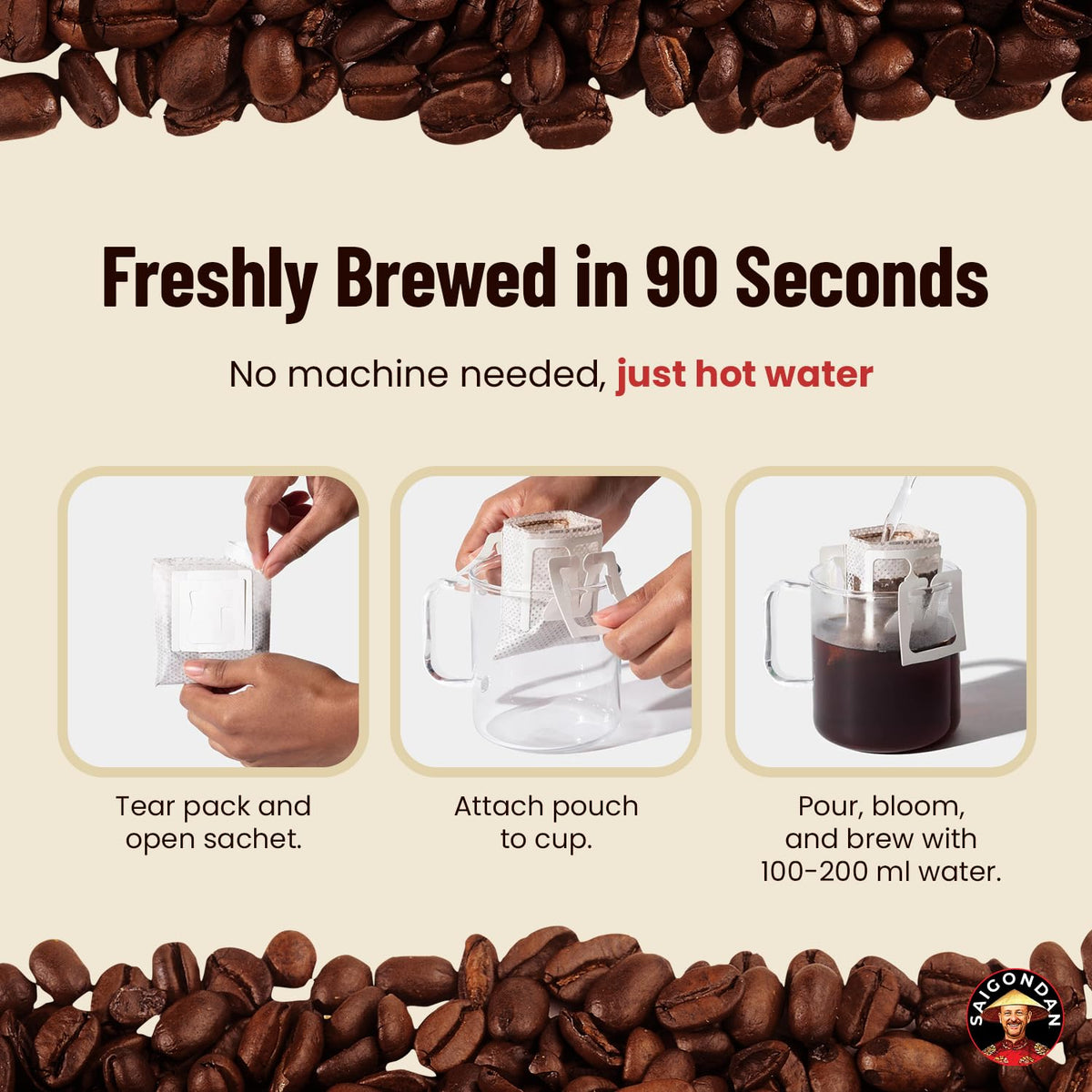 Joyful Pour Over Vietnamese Coffee – SAIGONDAN Single Serve Coffee Sachets | Medium Roast, 100% Arabica | Specialty Coffee with Instant Convenience for Home, Office, Travel & Camping (18 Sachets)