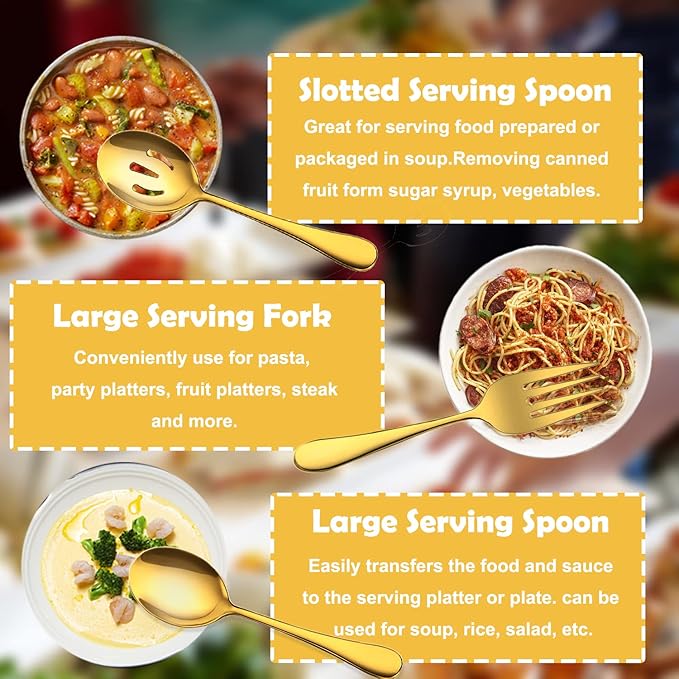 IAXSEE 11 PCS Serving Utensils, Large Stainless Steel Spoons Forks Tongs, Pie Server, Great for Hostess Buffet Catering Banquet Party, Gold