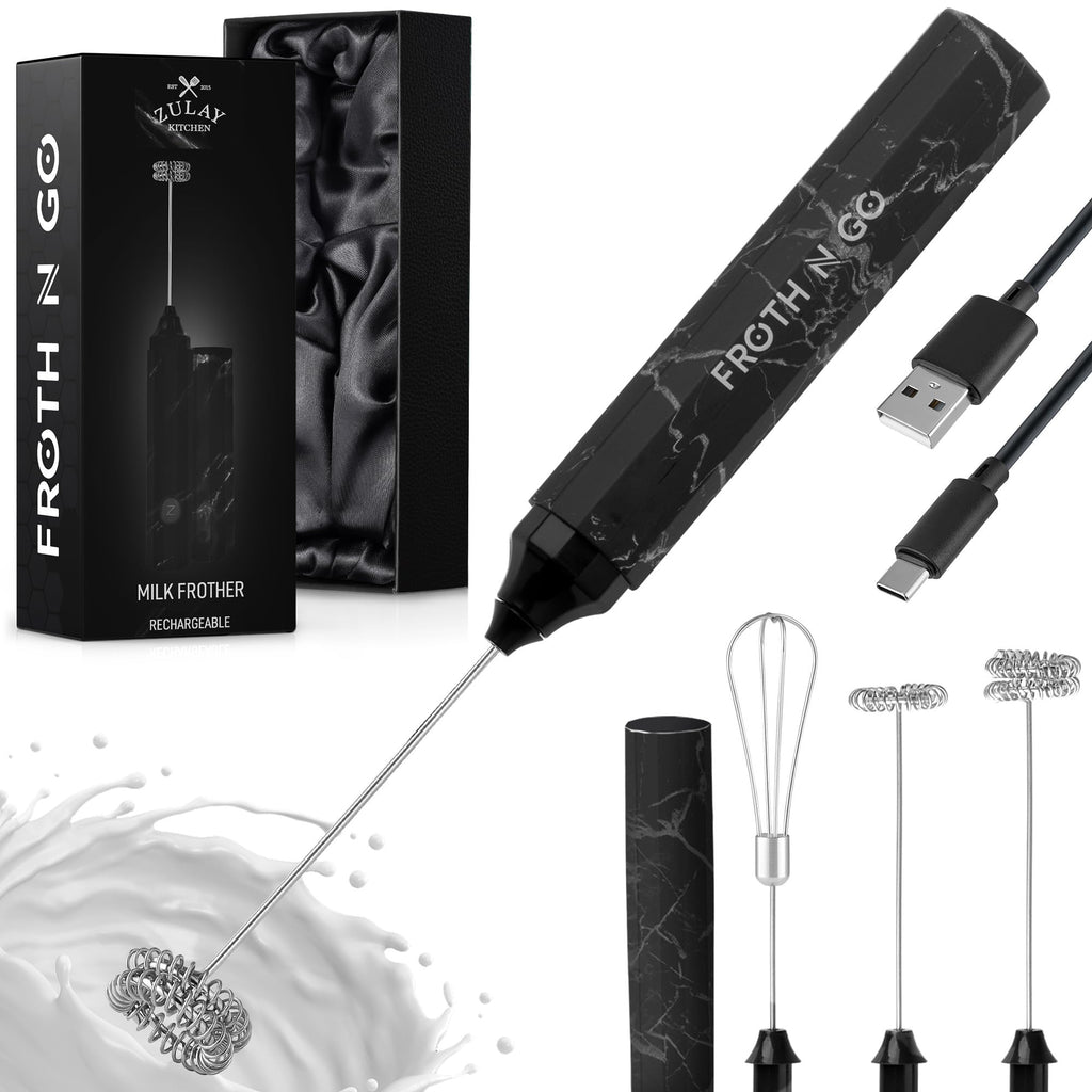 Zulay Froth N Go Milk Frother – Rechargeable 3-in-1 Handheld Frother Wand with Travel Case & USB-C Charger – Single, Double & Egg Whisk for Latte, Cappuccino, Matcha, Protein Shakes - Forge Marble
