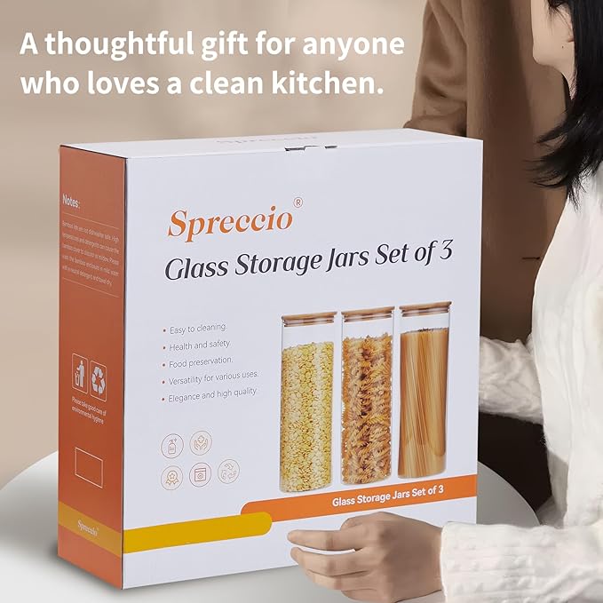 Spreccio Glass Food Storage Jars with Lids 2.34 Qt [Set of 3], Perfect for Pasta, Cookies, Nuts, Coffee, Cereal, Flour, and More, Organize Your Kitchen and Pantry with these BPA-Free Glass Canisters