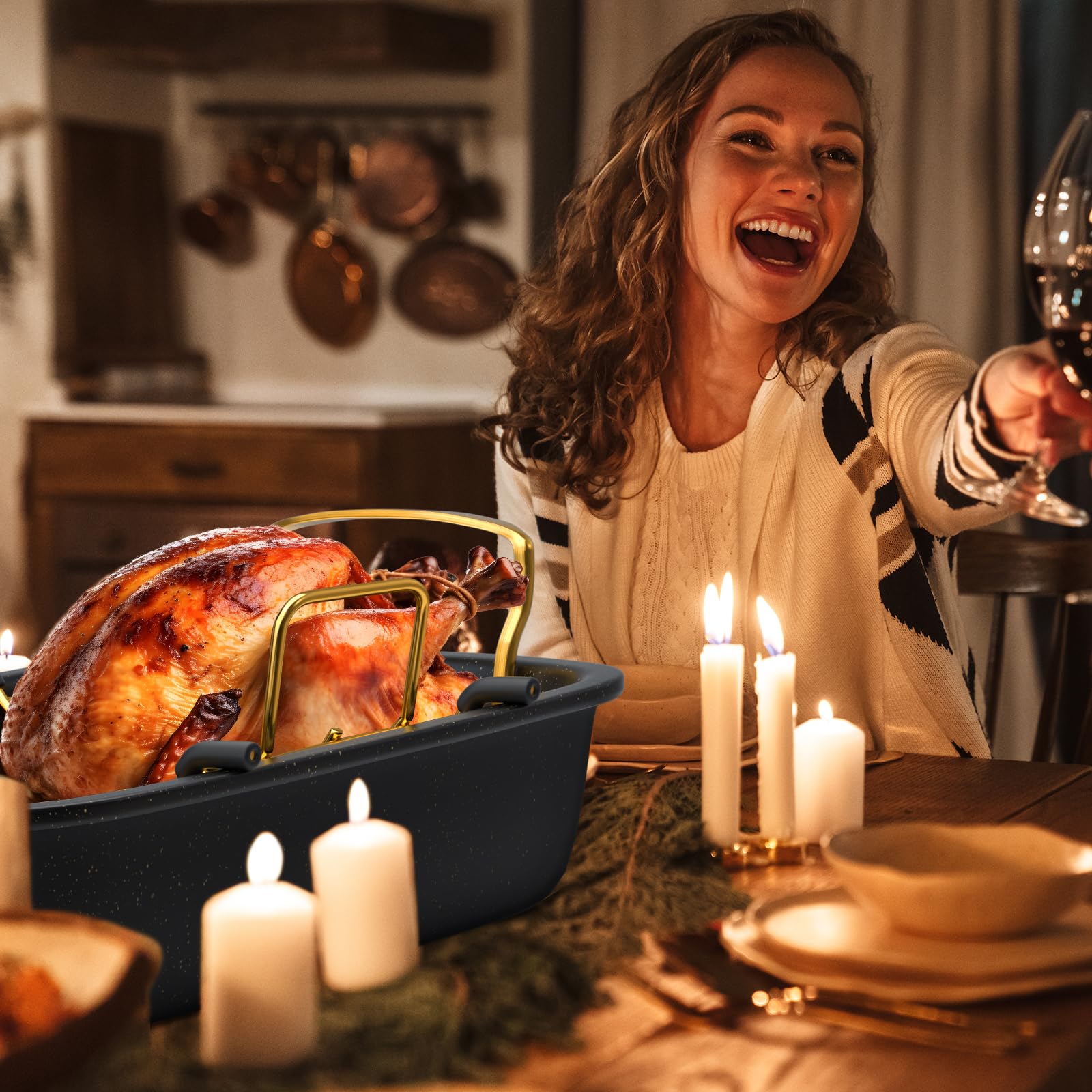 Turkey Roasting Pan, 17x13 Inch Roaster with Removable Rack, Black&Gold