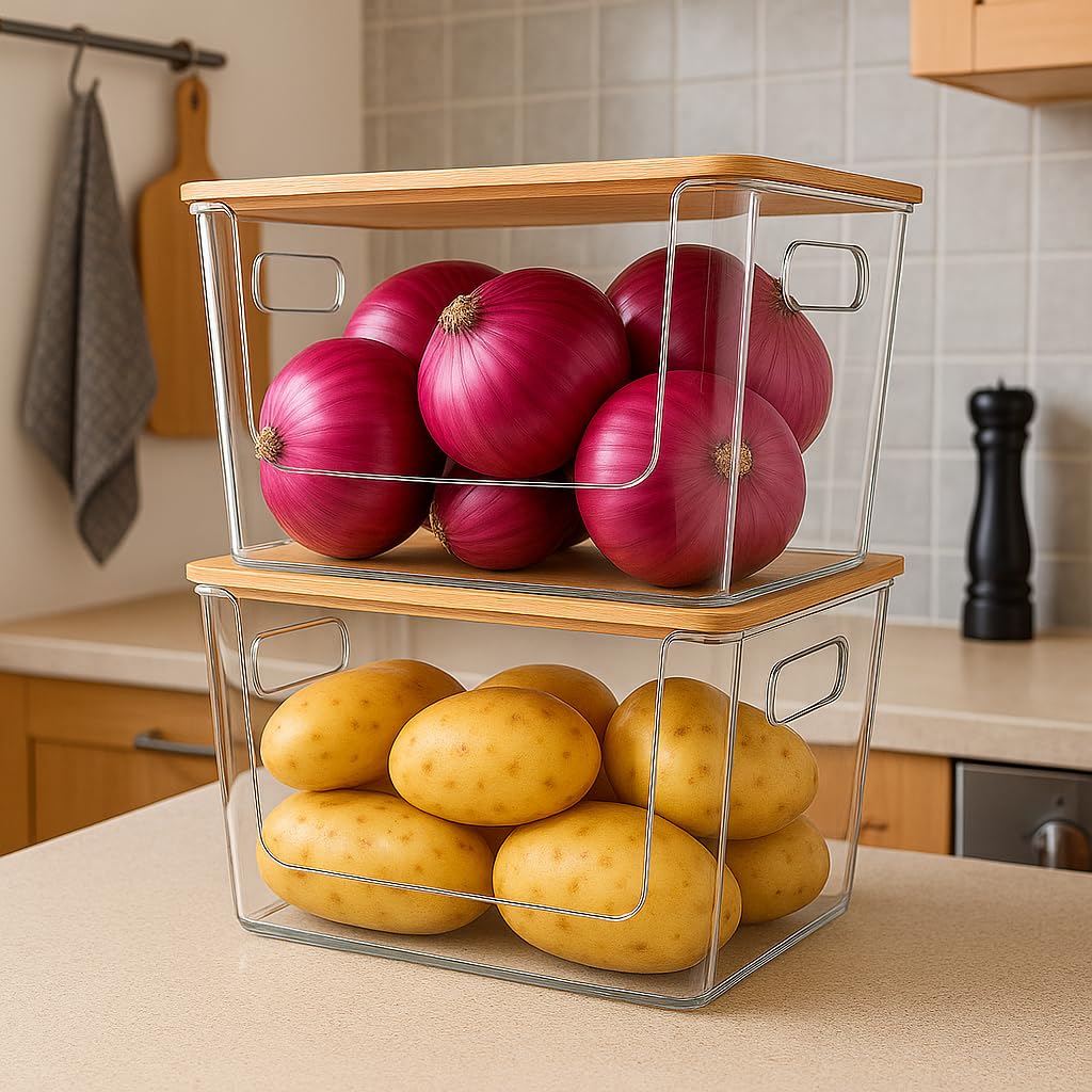 CiWiVOKi 6 Pack Clear Stackable Storage Bins with Bamboo Lids, Trash Bag Holder Dispenser Under Sink Organizer for 4-13 Gal Bags, Plastic Storage Containers for Pantry Bathroom Kitchen Organization