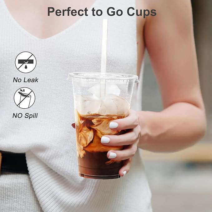 Dealusy 100 Pack - 24 oz Clear Plastic Cups with Lids and Straws, Sturdy & Food Safe Iced Coffee Cups with lids, Disposable Plastic Smoothie Cups for Cold Drinks