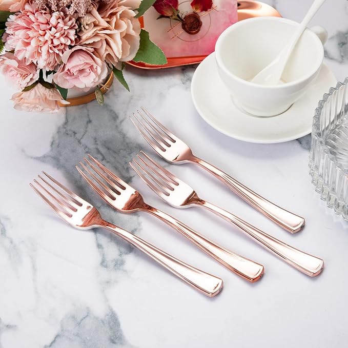 Liacere 200 Pack Rose Gold Forks Disposable - 7.4 inch Heavy Duty Plastic Forks - Heavyweight Plastic Fork - Rose Gold Silverware for Catering, Parties, Dinners, Wedding＆Mother's Day＆Valentine's Day