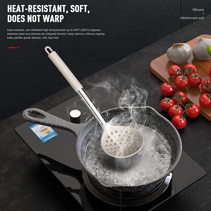 oannao Large Silicone Cooking Utensils Set - Heat Resistant Kitchen Utensils,Turner Tongs,Spatula,Spoon,Brush,Whisk,Stainless Steel Cooking Tool for Nonstick Cookware,Dishwasher Safe (Khaki)