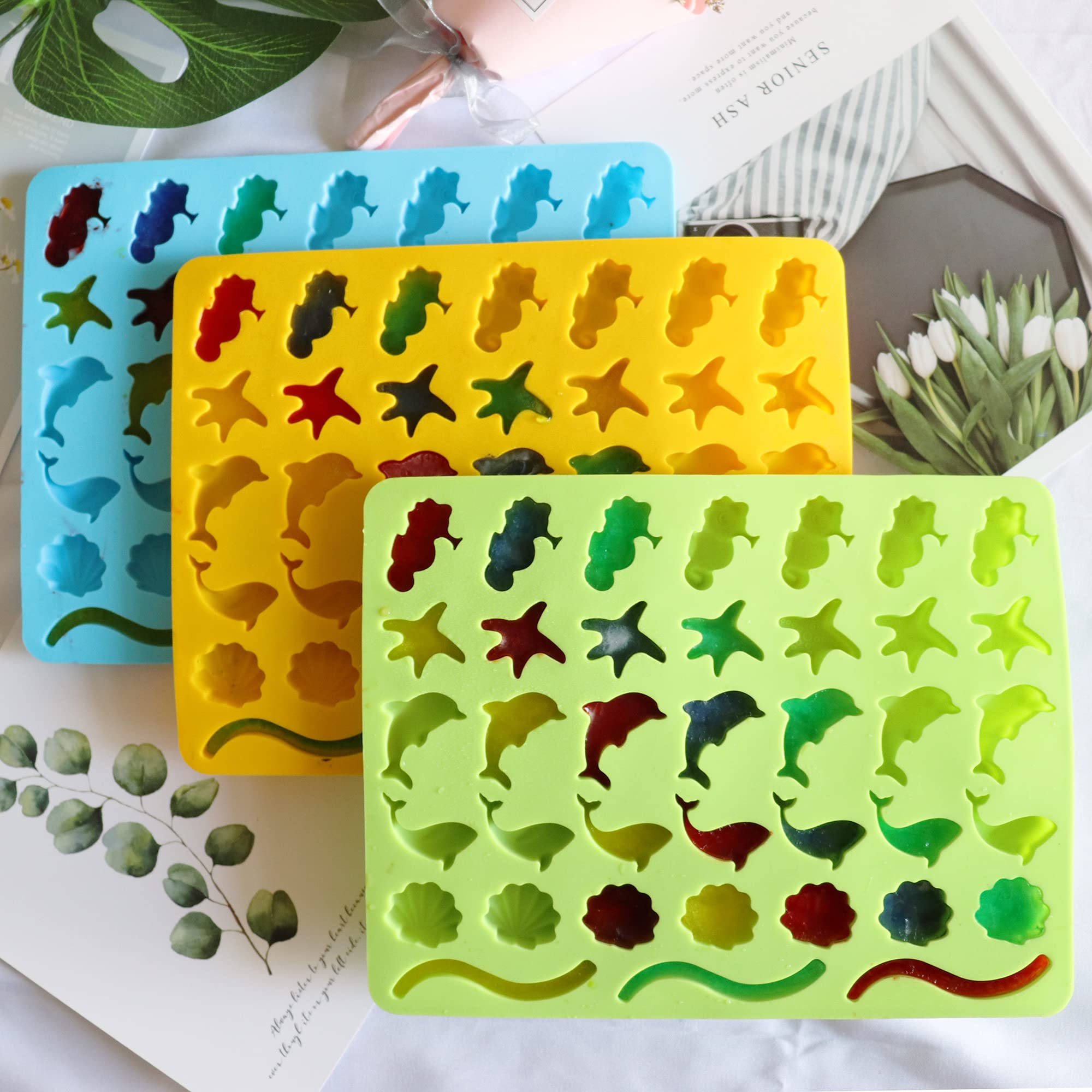 KRLIFCSL Mini Gummy Ocean Animals Silicone Candy Molds Including Hippocampus, Starfishs, Dolphins, Whales, Shells, Worms, for Making Gummies, Chocolates, Vitamin Candy, Pack of 3. (Mini Sea Animal)