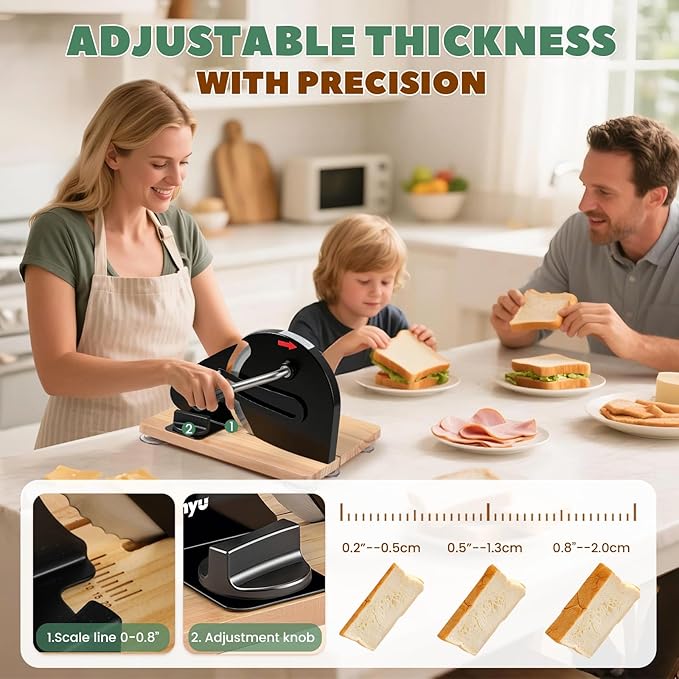 Huanyu Manual Bread Slicer Upgrade Foldable Sourdough Cutter Versatile Hand Crank Stainless Steel Blade Adjustable Thickness with Scale Line & Suction Cup for Homemade & Commercial Use Black