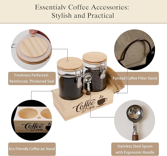 EQEY Glass Coffee Canister Set with Shelf & Spoon 2 Piece Coffee Containers for Coffee Bean Storage Airtight Seal, Coffee Bar Accessories Filter Holder for Kitchen Organization