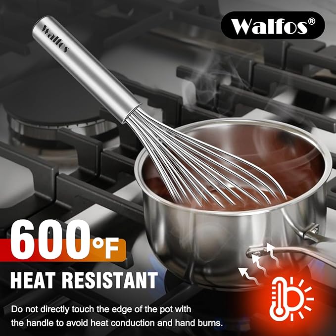 Walfos Whisk,304 Stainless Steel whisk,No-Rust 7+9+11inch Whisks for cooking Nice for Blending,Whisking,Beating.Heat resistant 600°F Dishwasher Safe. Heavy duty kitchen whisk.SILVER