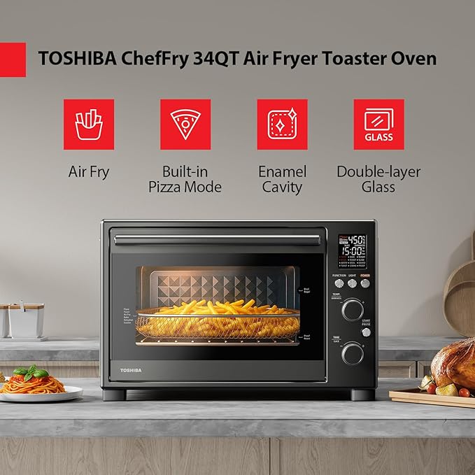 TOSHIBA ChefFry Air Fryer Toaster Oven Combo, 34QT, 1750W, Stainless Steel