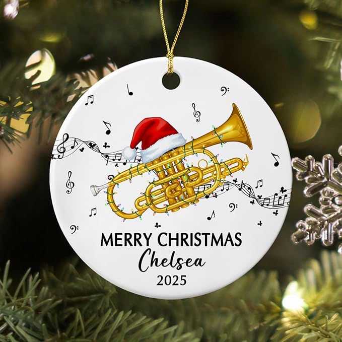 Personalized Cornet Musical Ceramic Ornament, Customized Year Text Name Cornet Player Ornaments Gift for Cornetist Daughter Son Kids Dad Mom Husband Wife, Unique Cornet Instrument Ceramic Ornament