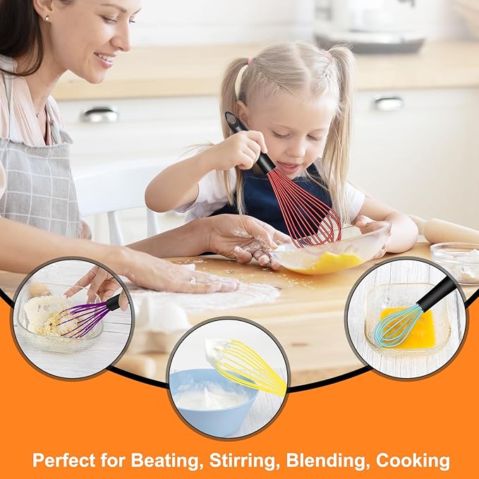 HOTEC 4 Pieces Silicone Whisks Set, Wire Balloon Whisks for cooking Egg Beater, Non-slip Handle Whisk for Non-stick Cookware Perfect for Cooking, Stirring, Beating and Blending,Multicolor