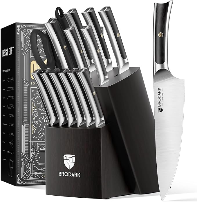 BRODARK 15 PCS Knife Set with Block,Pakkawood Handle Kitchen Knife Set