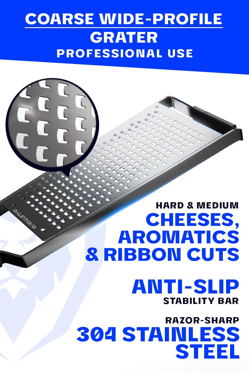 DALSTRONG Professional Wide Cheese Grater - Coarse - #304 Stainless Steel Blade - G10 Handle Kitchen Shredder - w/Blade Cover - Hard/Medium Cheese, Shallots, Garlic, Ginger - NSF Certified