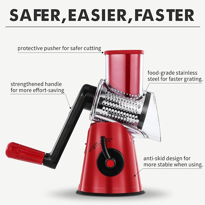 Geedel Rotary Cheese Grater Hand Crank, Cheese Shredder Mandoline Slicer