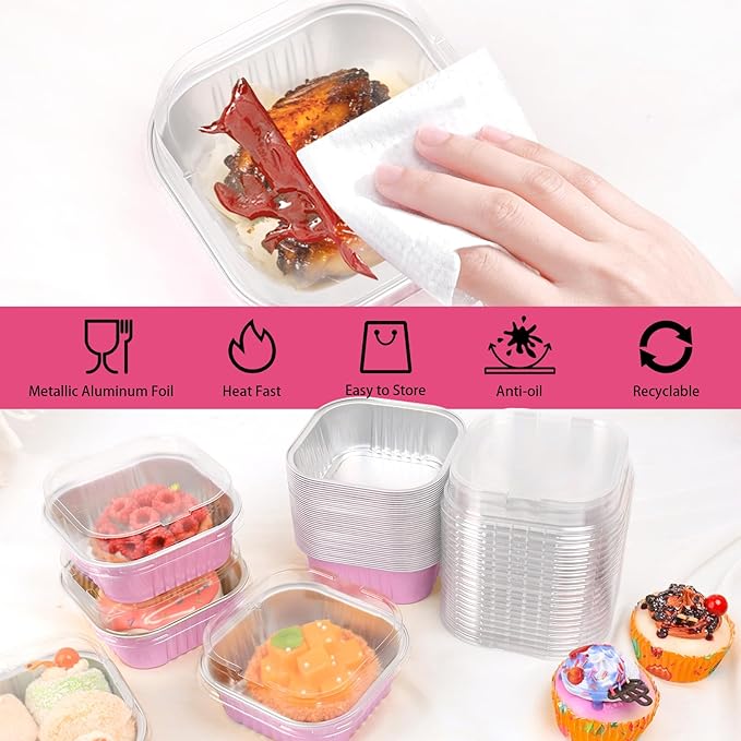 FORBFAN 150 Pack 10 oz Mini Cake Pans with Lids & Spoons, Pink Foil Square Dessert Cups, Disposable Baking Tins for Party, Catering, Gifting & Small Bakery