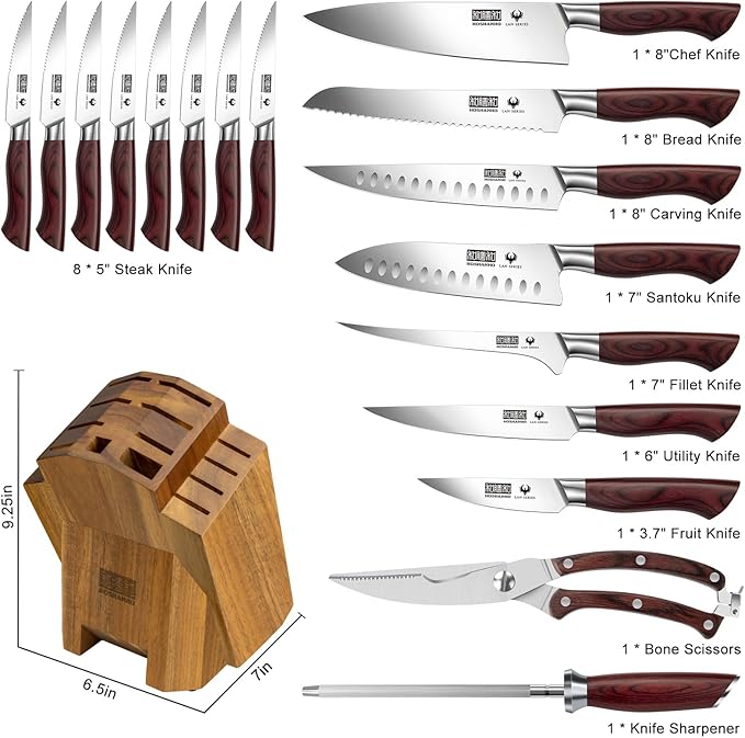 HOSHANHO 18PCS Kitchen Knife Block Set, Sharp Chef Knives with Sharpener