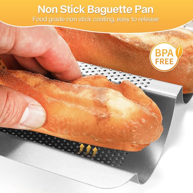 Barlket Baguette Pan 2 Pack, Silver Baguette Tray Perforated for Home Baker