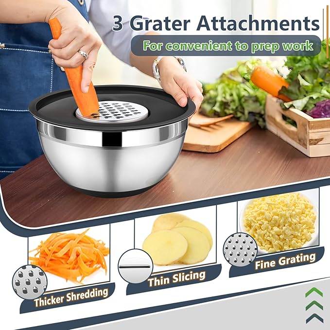 P&P CHEF Mixing Bowl with Lid Set of 3, Stainless Steel Salad Bowls, Black