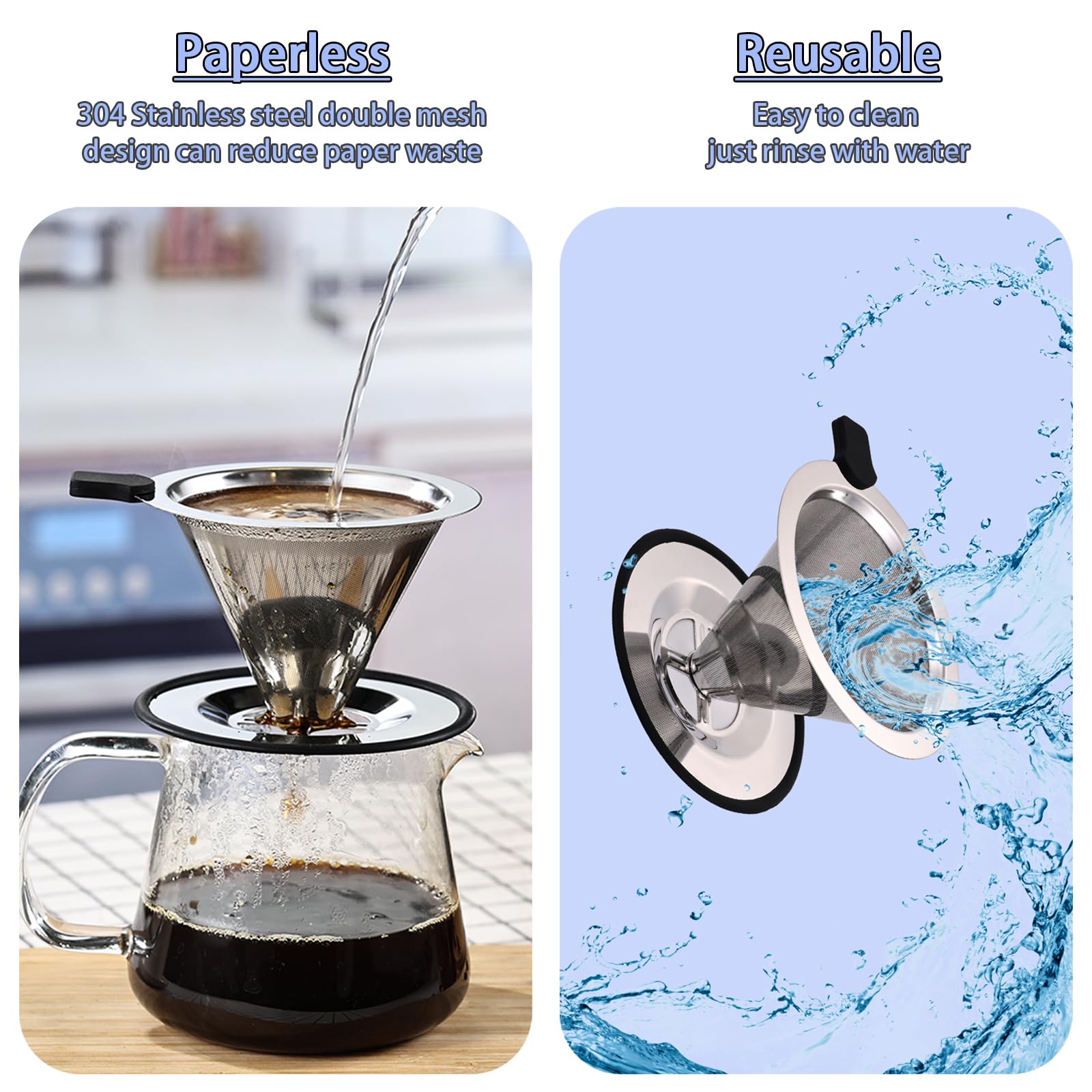 Pour Over Coffee Filter Dripper, Stainless Steel Metal Cone Coffee Filter