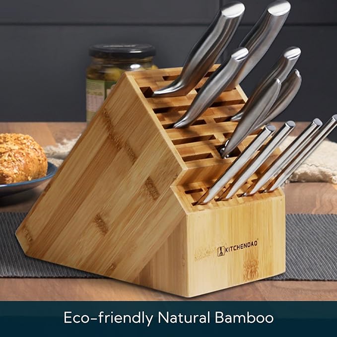 KITCHENDAO 20 Slot Bamboo Knife Block without Knives, Universal Knife Holder for Kitchen, Holding Multiple Types of Knives, Countertop Butcher Block Knife Stand for Easy Kitchen Storage
