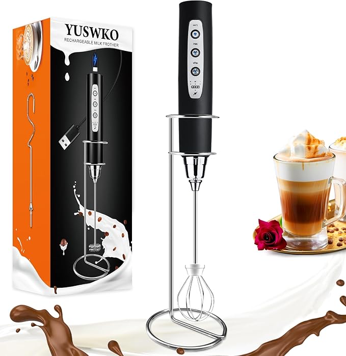 YUSWKO Handheld Milk Frother Wand for Coffee, Rechargeable Electric Whisk with 3 Heads 3 Speeds Drink Mixer Coffee Frother For Latte, Cappuccino, Hot Chocolate, Egg, Black with Holder
