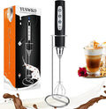 YUSWKO Handheld Milk Frother Wand for Coffee, Rechargeable Electric Whisk with 3 Heads 3 Speeds Drink Mixer Coffee Frother For Latte, Cappuccino, Hot Chocolate, Egg, Black with Holder