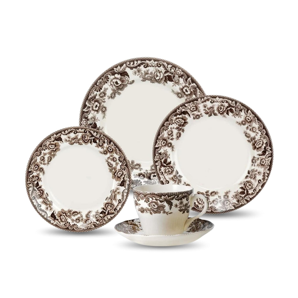 Spode Delamere 5-Piece Place Setting – Rich Brown British Flowers Border, Includes Dinner, Salad, Bread Plates with Teacup & Saucer – Fine Earthenware, Dishwasher, Microwave, Oven & Freezer Safe