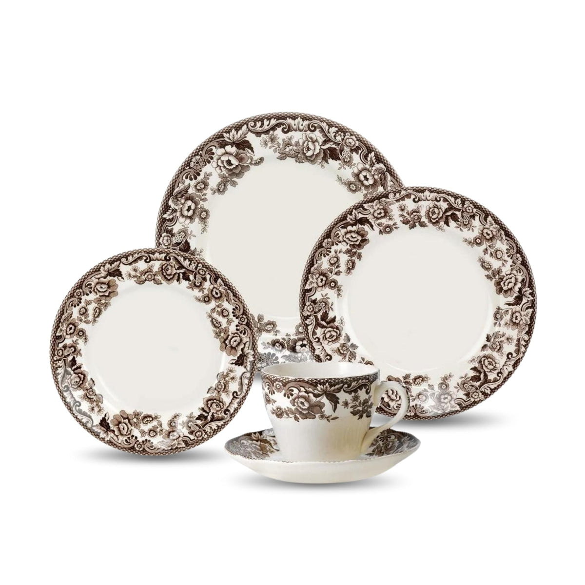 Spode Delamere 5-Piece Place Setting – Rich Brown British Flowers Border, Includes Dinner, Salad, Bread Plates with Teacup & Saucer – Fine Earthenware, Dishwasher, Microwave, Oven & Freezer Safe