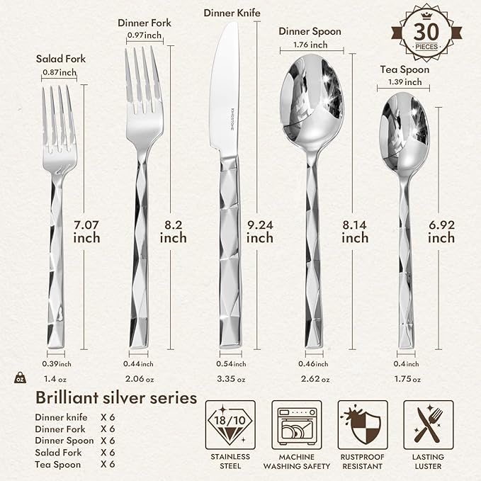 30 Piece 18/10 Silverware Set, Stainless Steel Flatware Cutlery set for 6