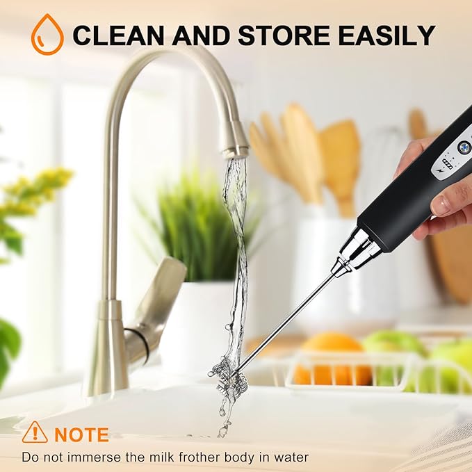YUSWKO Handheld Milk Frother Wand for Coffee, Rechargeable Electric Whisk with 3 Heads 3 Speeds Drink Mixer Coffee Frother For Latte, Cappuccino, Hot Chocolate, Egg, Black with Holder