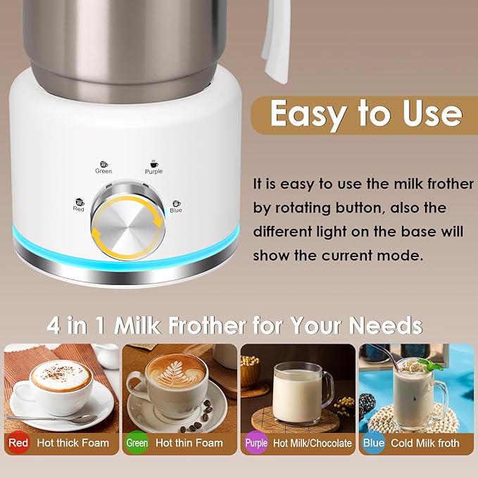 JLFJMGC Milk Frother, 16.9 OZ Milk Frother and Steamer, 4 in 1 Electric Milk Frother Dishwasher Safe Durable Silent Frother for Coffee Hot and Cold Foam Maker (White Stainless)