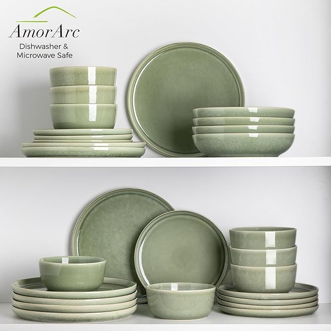 AmorArc Stoneware Dinnerware Sets for 6, 18Pcs Plates and Bowls Sets Dishes