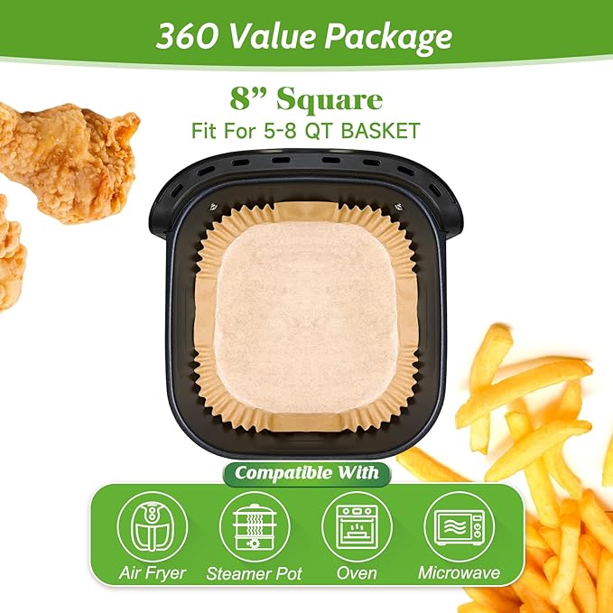 360 Pcs 8” Square Air Fryer Paper Liners Disposable Unbleached Heavy Duty