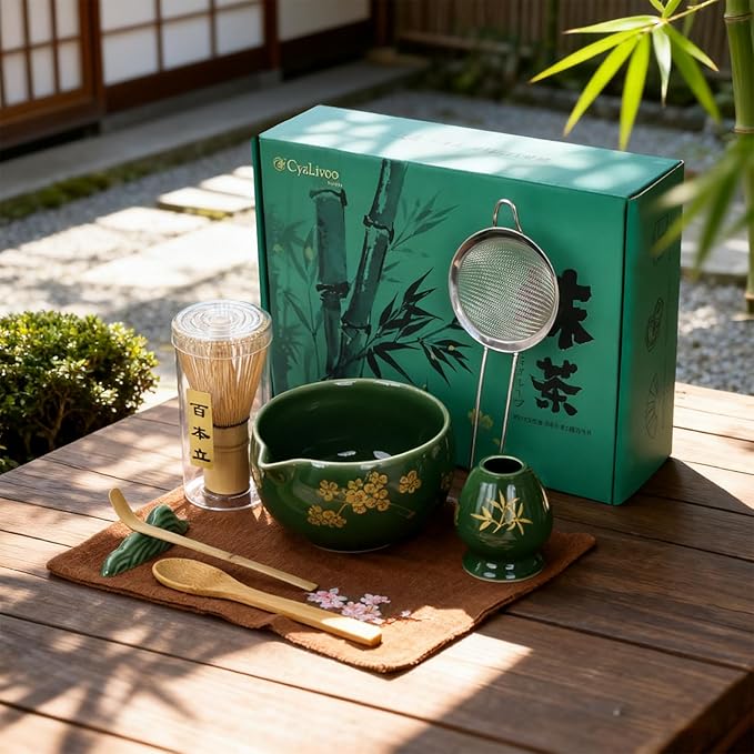 CyaLivoo Matcha Whisk Set, 8 Pcs Gold Plum Blossom Matcha Kit for Japanese Tea Ceremony, Ceramic Bowl with Spout, Bamboo Whisk, Spoon, Scoop, Sifter, Towel, Gift for Beginners and Matcha Lovers(Green)