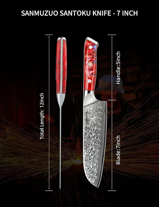 SANMUZUO Santoku Knife - 7 inch - Xuan Series - VG10 Damascus Steel Kitchen Knife - Resin Handle (Sunset Red)