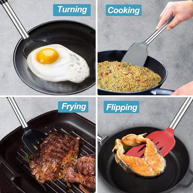 2 Pack Spatulas, Solid & Slotted Silicone Spatula Set, Stainless Steel Handle Coated with Silicone, Non Stick Turners, Heat Resistant Rubber Spatulas for Fish, Eggs, Pancakes, WOK, Red