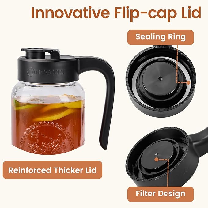 Spreccio Mason Jar Pitcher with Tea Filter, 64 oz Glass Pitcher with Lid