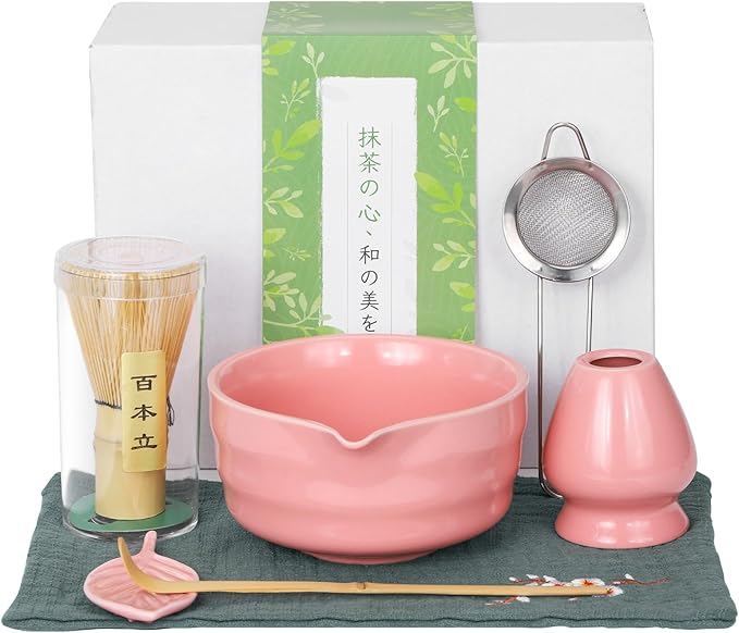 Liyarya Matcha Whisk Set, Traditional Matcha Kit Includes Matcha Bowl, Pink Whisk with Holder, Scoop, Scoop Rest, Sifter, and Tea Cloth – 7 Piece Matcha Whisk Set, Gift Set for Tea Enthusiasts
