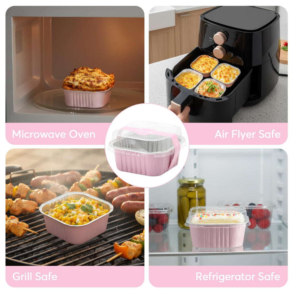 Ruckae 5oz 100 Pcs Square Mini Loaf Pans with Lids-Disposable Foil Dessert Containers,Mini Cake Pans with Lids,Aluminum Dessert Cups for Parties and Weddings (Pink, 5oz)