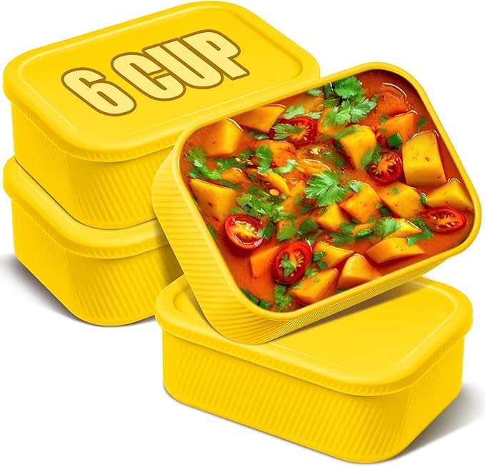 Nuogo 4 Pcs 6 Cup Silicone Freezer Trays with Lid Soup Containers, Yellow