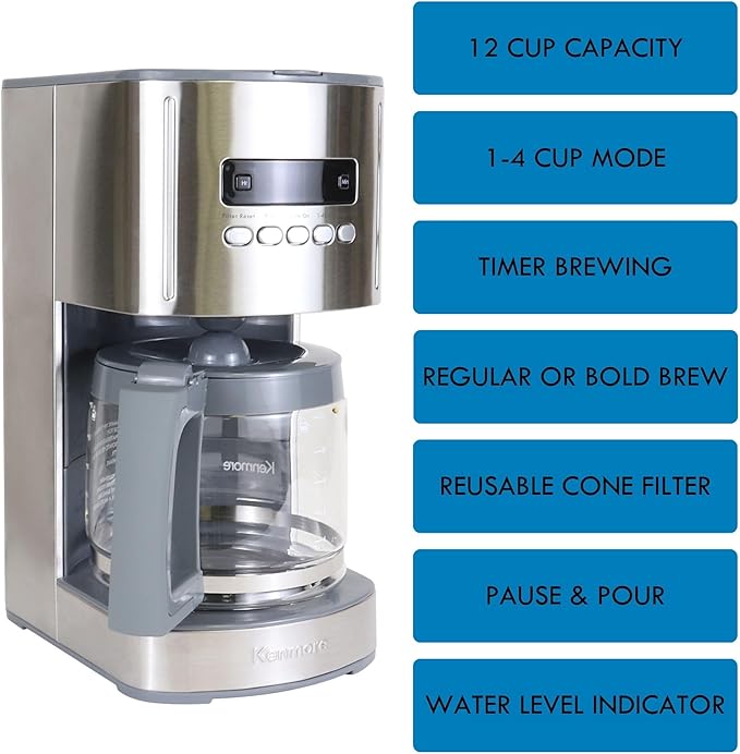Koolatron Kenmore Elite Drip Coffee Maker - 12-Cup Programmable Coffee Machine With Glass Pot, Pause and Pour, Auto Shut-Off, Large Water Reservoir, Reusable Filter, Dishwasher Safe Carafe
