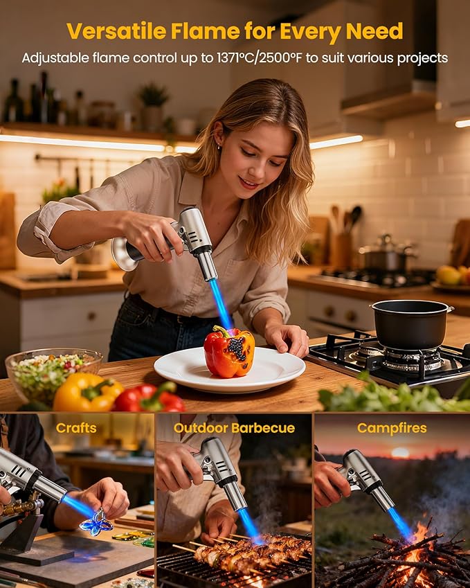 Kollea Culinary Torch, Refillable Butane Kitchen Torch, Lock, Silver-Black