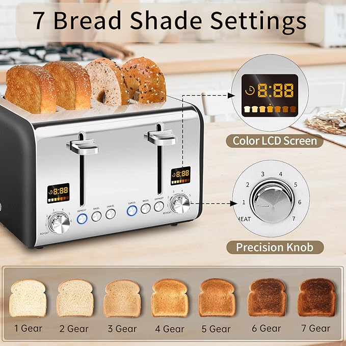 SEEDEEM 4 Slice Stainless Steel Toaster, LCD Display, Wide Slots