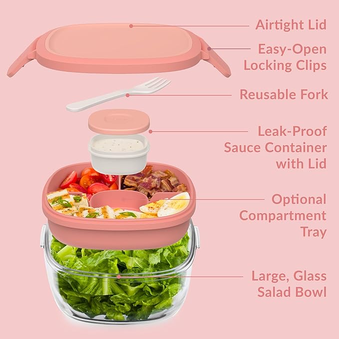 Bentgo Glass Salad Container with Airtight Lid & Leak-Proof Sauce Cup
