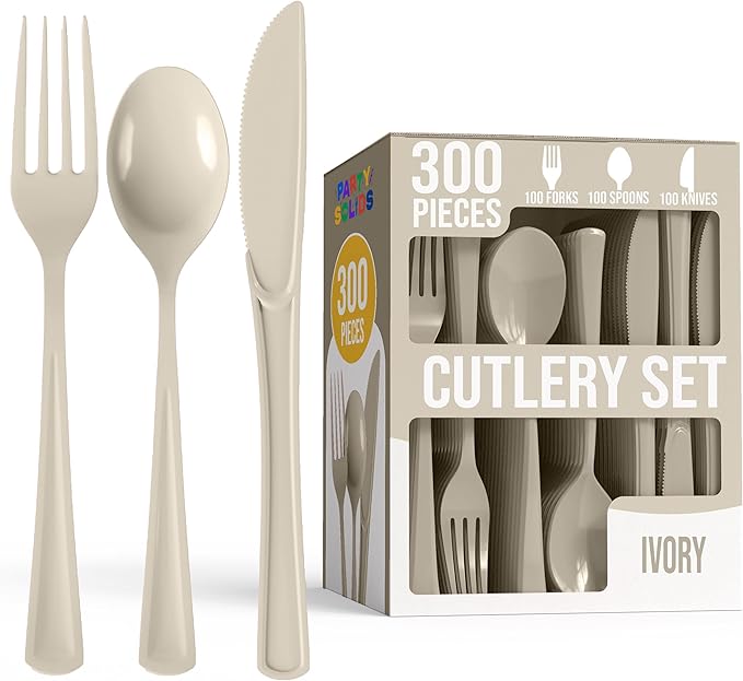 Party Solids Ivory Plastic Silverware Heavy Duty 300 Pieces Ivory Disposable Silverware Heavy Duty, Utensil Sets, 100 Of Each Forks, Knives & Spoons Disposable Cutlery Set For Party Supplies