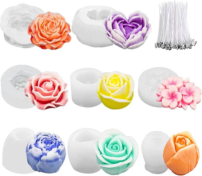 MGLIFEUL 9PCS 3D Flower Candle Making Molds Moldes de Silicona para Velas