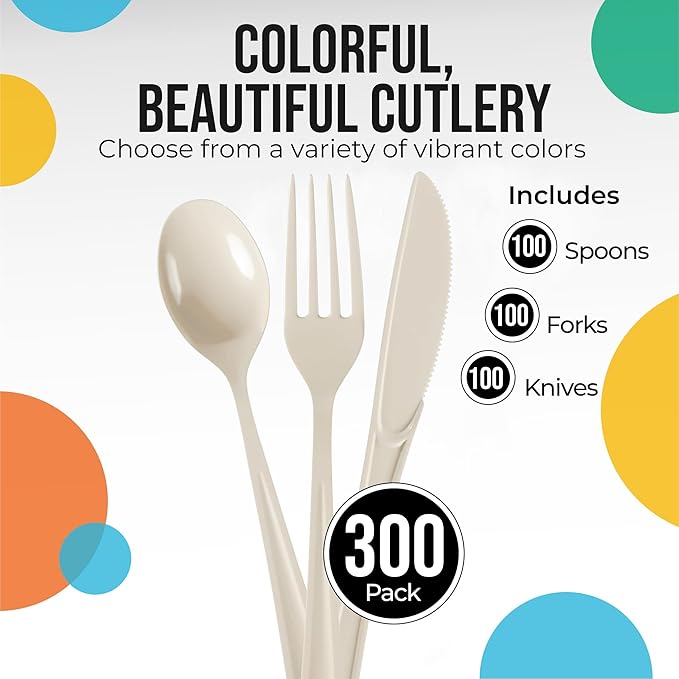 Party Solids Ivory Plastic Silverware Heavy Duty 300 Pieces Ivory Disposable Silverware Heavy Duty, Utensil Sets, 100 Of Each Forks, Knives & Spoons Disposable Cutlery Set For Party Supplies