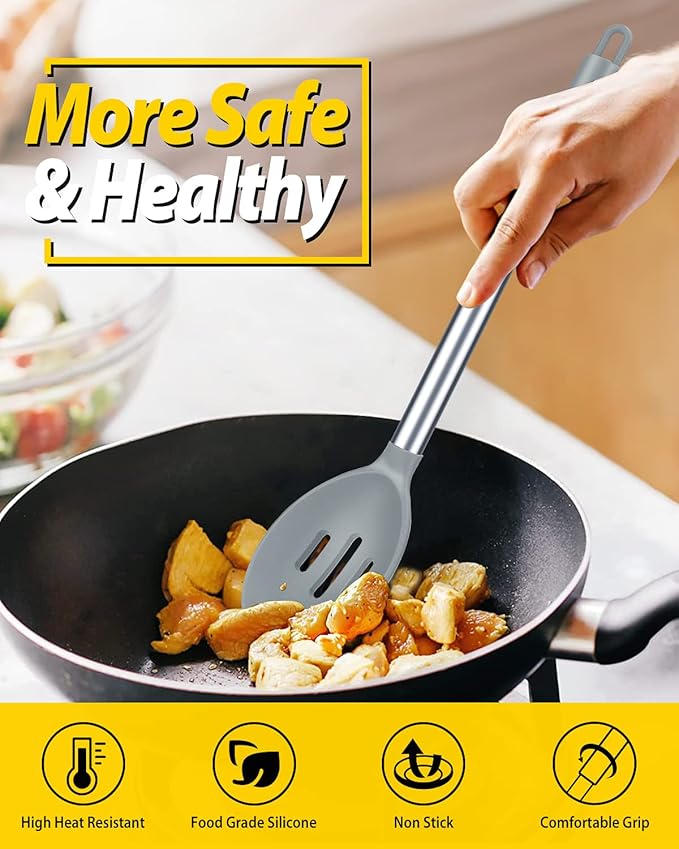 BUNDLEPRO Silicone Cooking Spoons for Non Stick Cookware, 2 Pack, Grey
