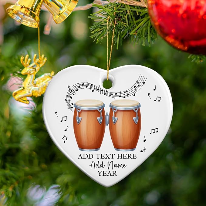 Bongo Drums Ceramic Ornament Gift for Music Band, Personalized Drummer Xmas Tree Ornaments with Text Name Year, Custom Bongo Drums Player Christmas Ornament 2026, Instruments Xmas Keepsakes